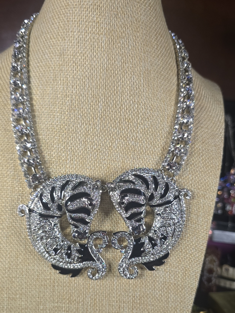 Silver Crystal Twin-Peacock Statement Necklace - Women Jewelry